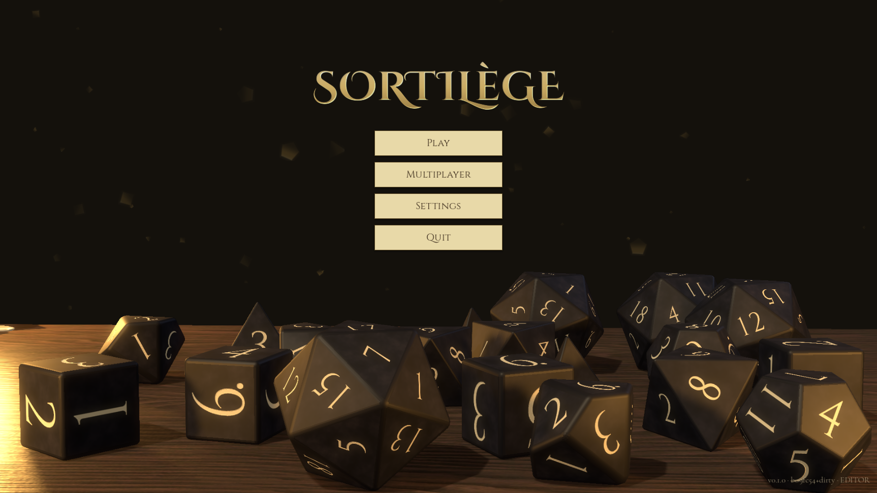 The Sortilège main menu — a gold-foil title above a dimly lit table scattered with polyhedral dice.